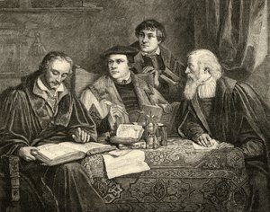 Lutero, Melantone, Pomerano e Crucigero che traducono la Bibbia da English School